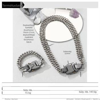 Uniszex fém karkötő zárral, kubai lánc, elektroplattálás, hip-hop stílus, geometriai dizájn (anyag: titánacél; feldolgozás: elektroplattálás; tömeg: 73,5 g)