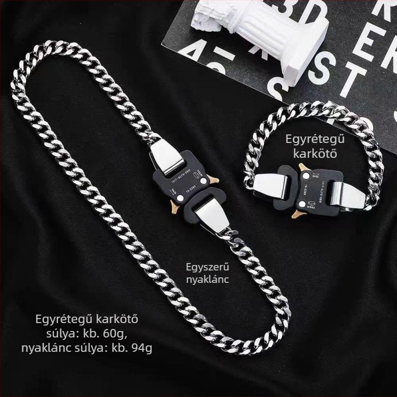 Uniszex fém karkötő zárral, kubai lánc, elektroplattálás, hip-hop stílus, geometriai dizájn (anyag: titánacél; feldolgozás: elektroplattálás; tömeg: 73,5 g)