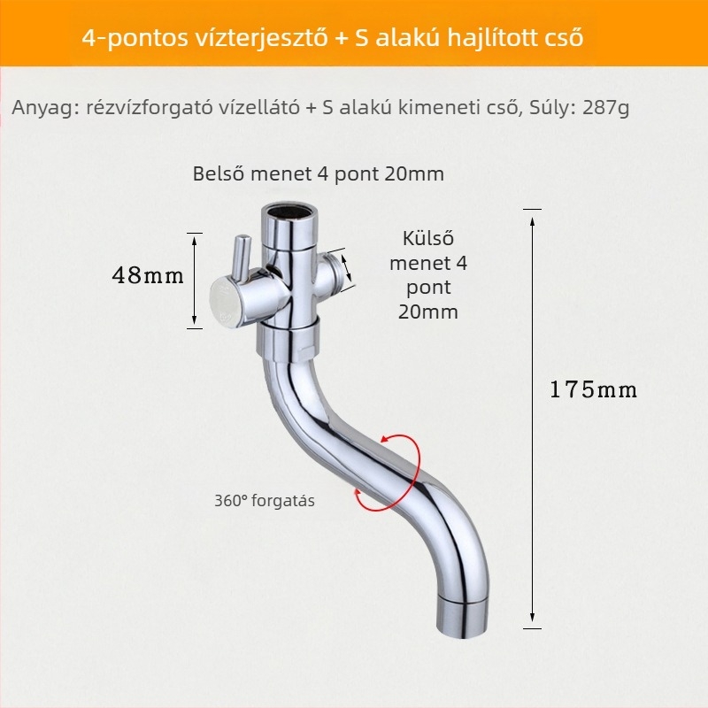 Konyhai zuhanycsaptelep háromutas elosztóval, 1–2 csatlakozás, 6°-os forgó vízcsövek, teljes réz szelepkivitel, elektroplakált felület