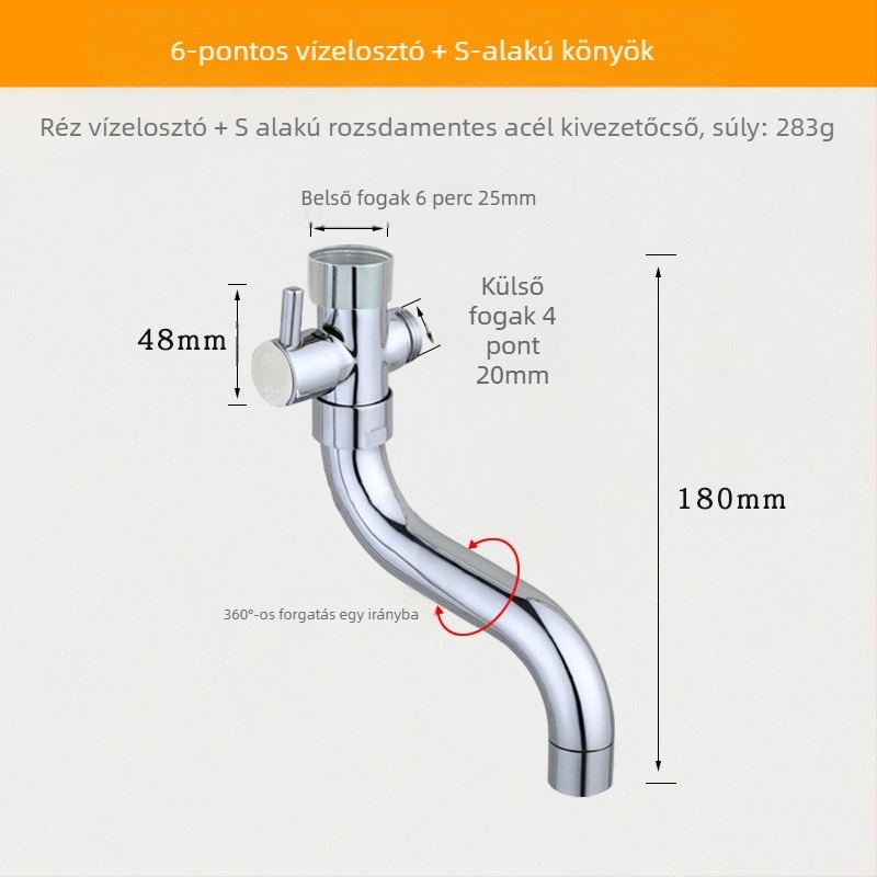 Konyhai zuhanycsaptelep háromutas elosztóval, 1–2 csatlakozás, 6°-os forgó vízcsövek, teljes réz szelepkivitel, elektroplakált felület