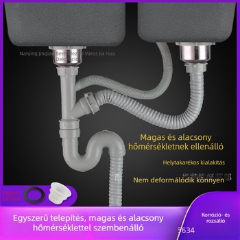 Konyhai mosogató lefolyó készlet egy- és két tálas mosogatókhoz, ABS műanyag és rozsdamentes acél, modern minimalista stílus