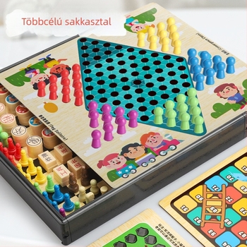 Gyerekeknek szóló asztali játék: 10-in-1 multifunkcionális sakk tábla tárolóval, kétoldalas, repülő sakk és sakk — műanyagból; kor 4–14; színes doboz; Chengke Toys