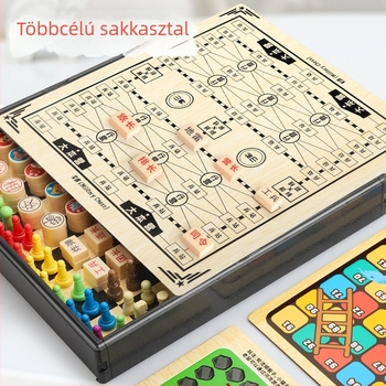 Gyerekeknek szóló asztali játék: 10-in-1 multifunkcionális sakk tábla tárolóval, kétoldalas, repülő sakk és sakk — műanyagból; kor 4–14; színes doboz; Chengke Toys