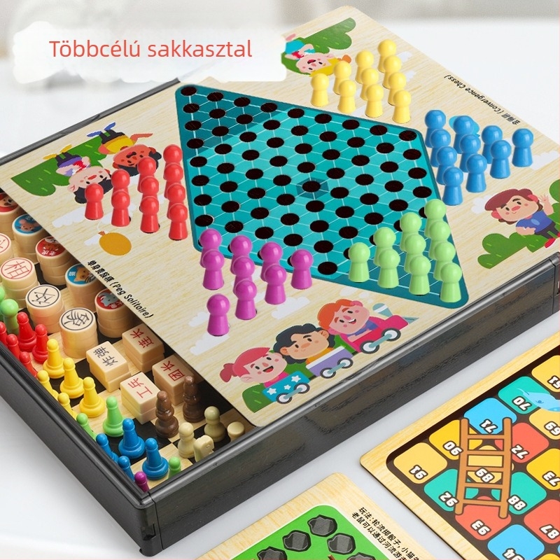 Gyerekeknek szóló asztali játék: 10-in-1 multifunkcionális sakk tábla tárolóval, kétoldalas, repülő sakk és sakk — műanyagból; kor 4–14; színes doboz; Chengke Toys