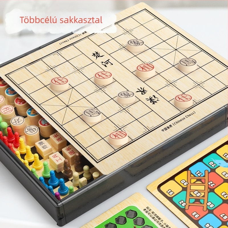 Gyerekeknek szóló asztali játék: 10-in-1 multifunkcionális sakk tábla tárolóval, kétoldalas, repülő sakk és sakk — műanyagból; kor 4–14; színes doboz; Chengke Toys