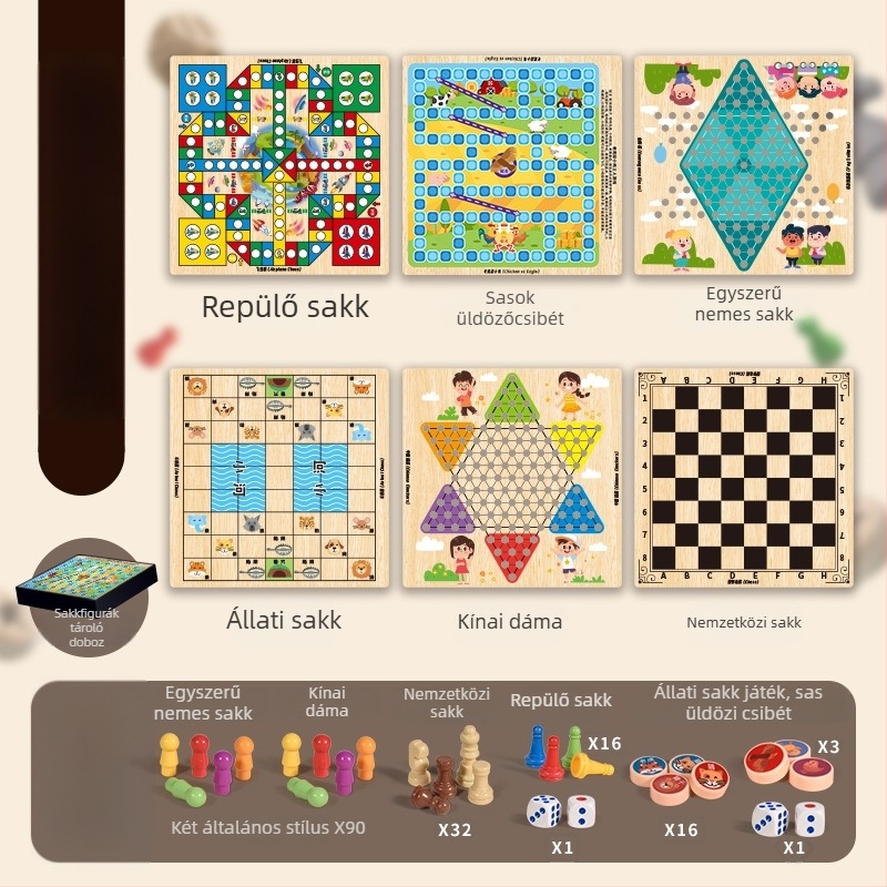 Gyerekeknek szóló asztali játék: 10-in-1 multifunkcionális sakk tábla tárolóval, kétoldalas, repülő sakk és sakk — műanyagból; kor 4–14; színes doboz; Chengke Toys