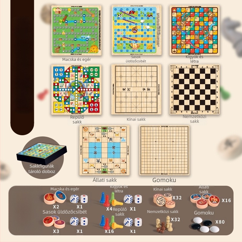 Gyerekeknek szóló asztali játék: 10-in-1 multifunkcionális sakk tábla tárolóval, kétoldalas, repülő sakk és sakk — műanyagból; kor 4–14; színes doboz; Chengke Toys