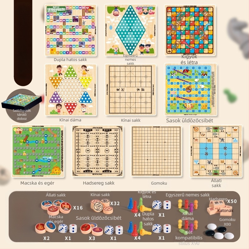 Gyerekeknek szóló asztali játék: 10-in-1 multifunkcionális sakk tábla tárolóval, kétoldalas, repülő sakk és sakk — műanyagból; kor 4–14; színes doboz; Chengke Toys