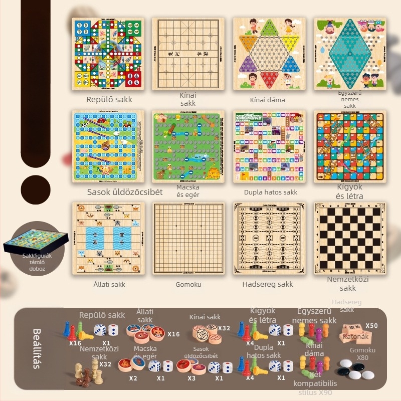 Gyerekeknek szóló asztali játék: 10-in-1 multifunkcionális sakk tábla tárolóval, kétoldalas, repülő sakk és sakk — műanyagból; kor 4–14; színes doboz; Chengke Toys