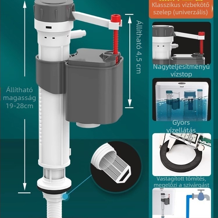 WC tartály kiegészítők — vízbetöltő szelep, lefolyó szelep, úszó szelep, 3 részes készlet; Márka Junmai; Anyag: Formaldehid; Stílus: modern egyszerűség; Használat: dupla nyomás