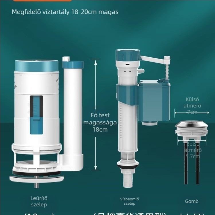 WC tartály kiegészítők — vízbetöltő szelep, lefolyó szelep, úszó szelep, 3 részes készlet; Márka Junmai; Anyag: Formaldehid; Stílus: modern egyszerűség; Használat: dupla nyomás