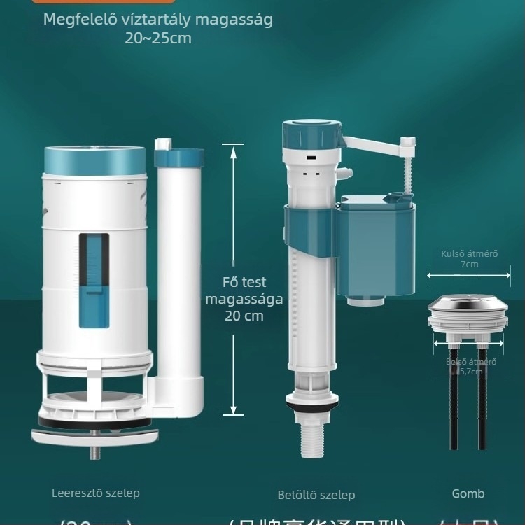 WC tartály kiegészítők — vízbetöltő szelep, lefolyó szelep, úszó szelep, 3 részes készlet; Márka Junmai; Anyag: Formaldehid; Stílus: modern egyszerűség; Használat: dupla nyomás