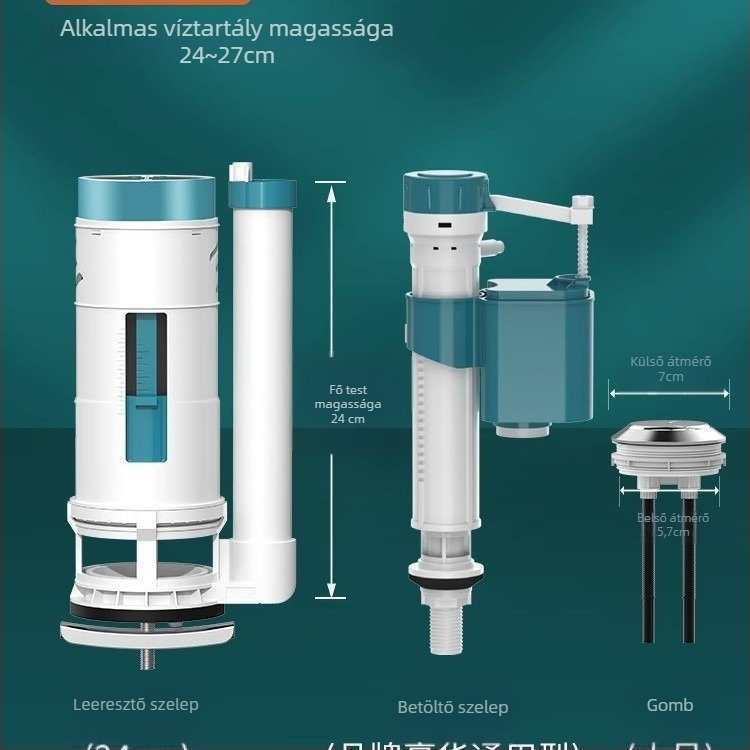 WC tartály kiegészítők — vízbetöltő szelep, lefolyó szelep, úszó szelep, 3 részes készlet; Márka Junmai; Anyag: Formaldehid; Stílus: modern egyszerűség; Használat: dupla nyomás