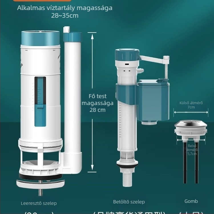 WC tartály kiegészítők — vízbetöltő szelep, lefolyó szelep, úszó szelep, 3 részes készlet; Márka Junmai; Anyag: Formaldehid; Stílus: modern egyszerűség; Használat: dupla nyomás