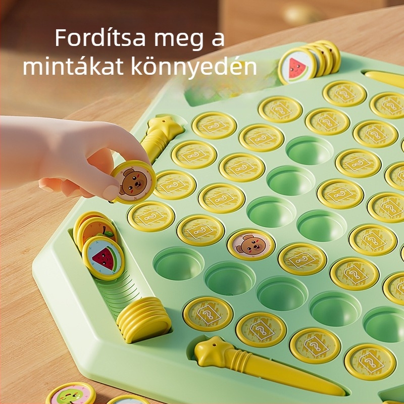 Oktatási asztali puzzle játék négy játékossal, flip‑and‑match mechanizmussal, állat témával, műanyagból