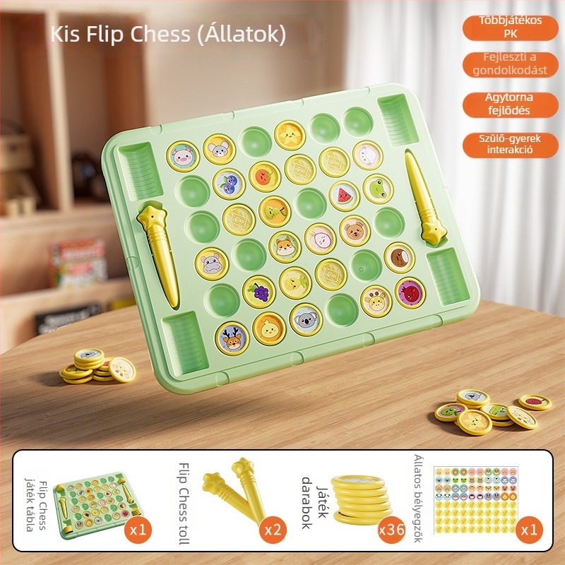 Oktatási asztali puzzle játék négy játékossal, flip‑and‑match mechanizmussal, állat témával, műanyagból