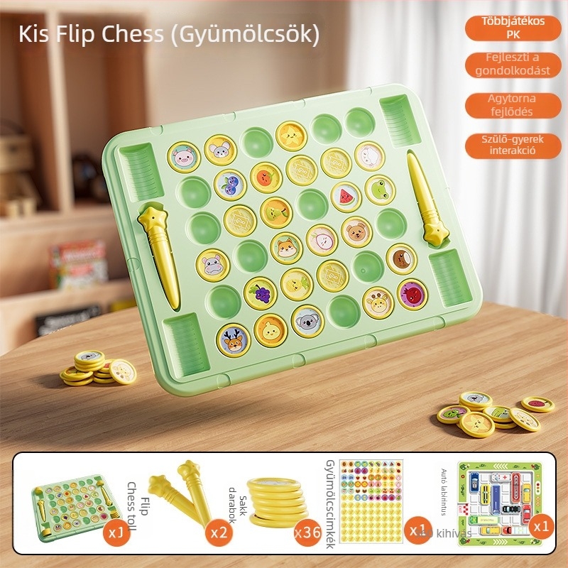 Oktatási asztali puzzle játék négy játékossal, flip‑and‑match mechanizmussal, állat témával, műanyagból