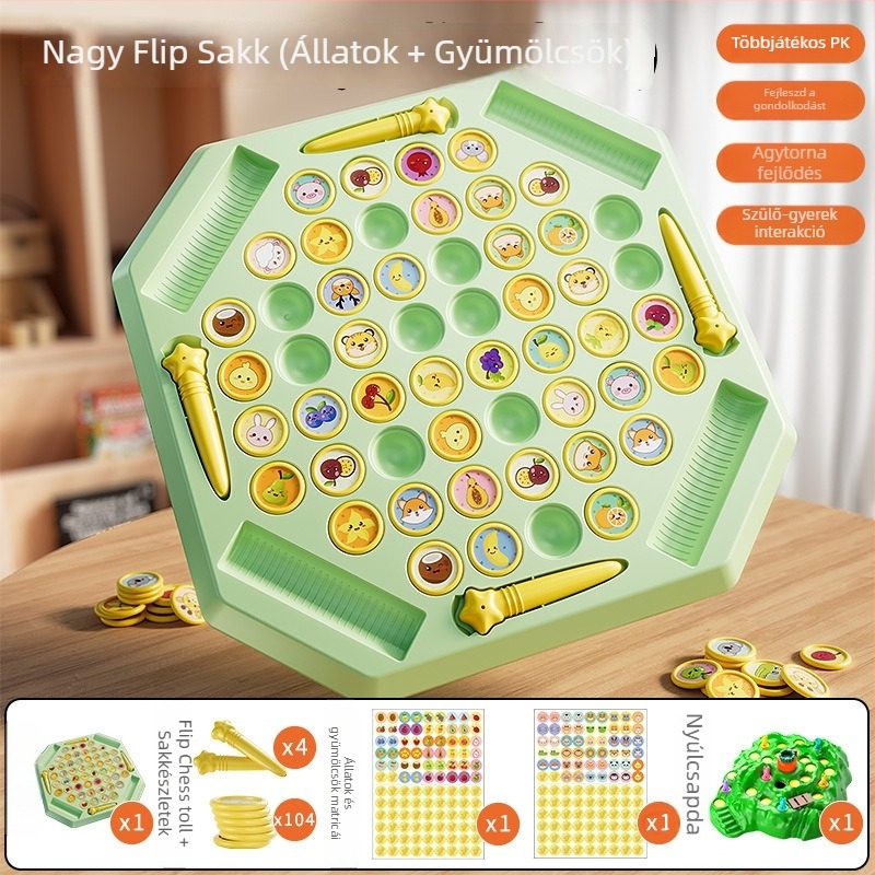 Oktatási asztali puzzle játék négy játékossal, flip‑and‑match mechanizmussal, állat témával, műanyagból