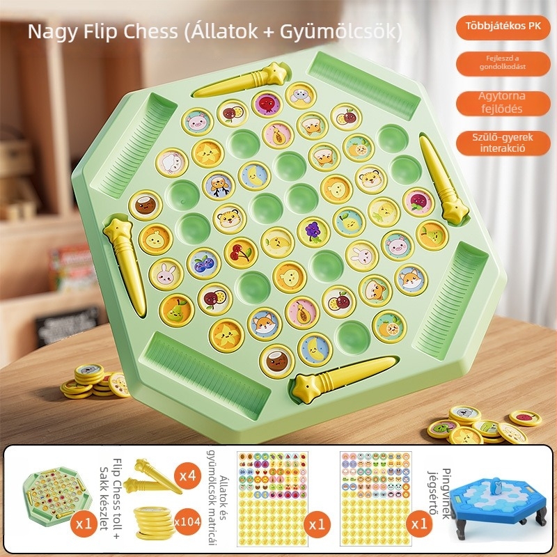 Oktatási asztali puzzle játék négy játékossal, flip‑and‑match mechanizmussal, állat témával, műanyagból
