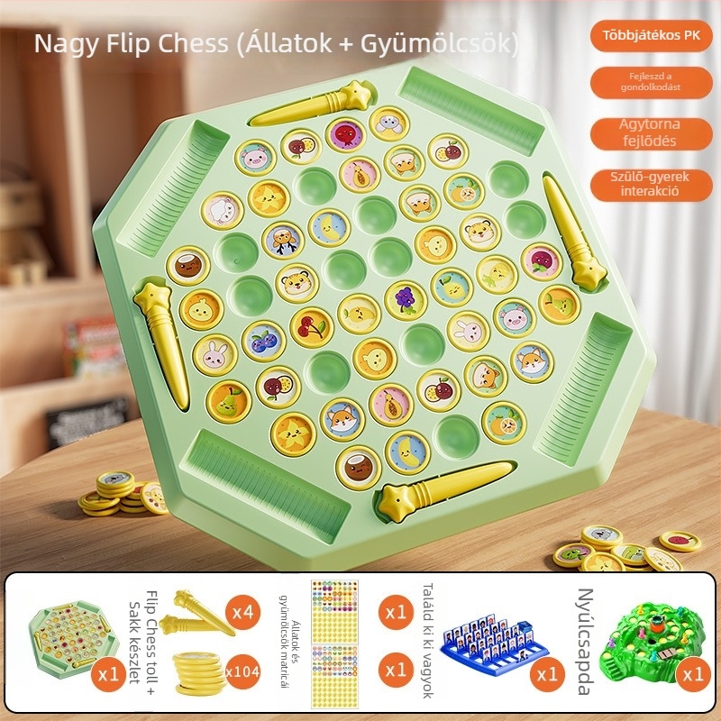 Oktatási asztali puzzle játék négy játékossal, flip‑and‑match mechanizmussal, állat témával, műanyagból