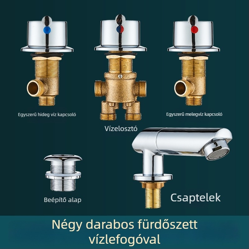 Sárgaréz fürdőkádt háromrészes csaptelep készlet vízválasztóval, átalakító szeleppel és meleg/hideg víz kapcsolóval (könnyű luxus stílus)