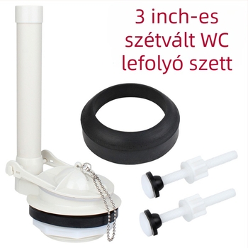 WC-lefolyó szelep, elválasztott kialakítás, nagy átmérőjű fedél tömítés, víztartály rögzítő csavar, anyagok: ABS, Rubber, POM, kézi telepítés