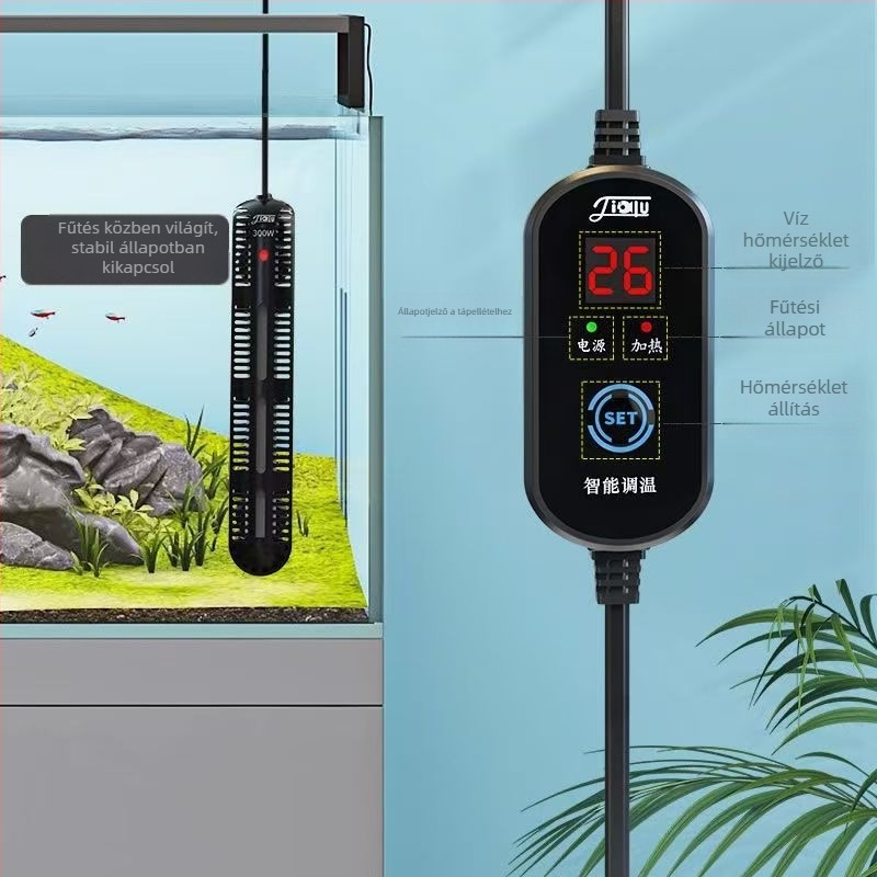 Akváriumi fűtőkar digitális kijelzővel, kvarc fűtőelem, automatikus hőmérséklet-szabályozás, robusztus kivitel, védőburkolat