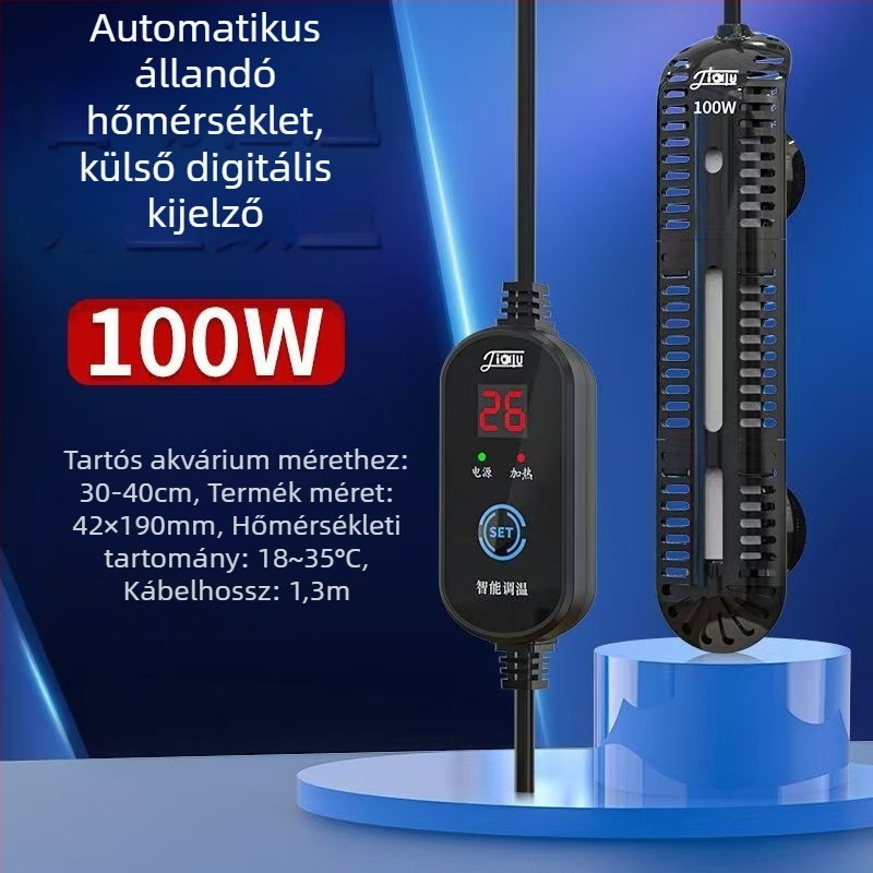 Akváriumi fűtőkar digitális kijelzővel, kvarc fűtőelem, automatikus hőmérséklet-szabályozás, robusztus kivitel, védőburkolat