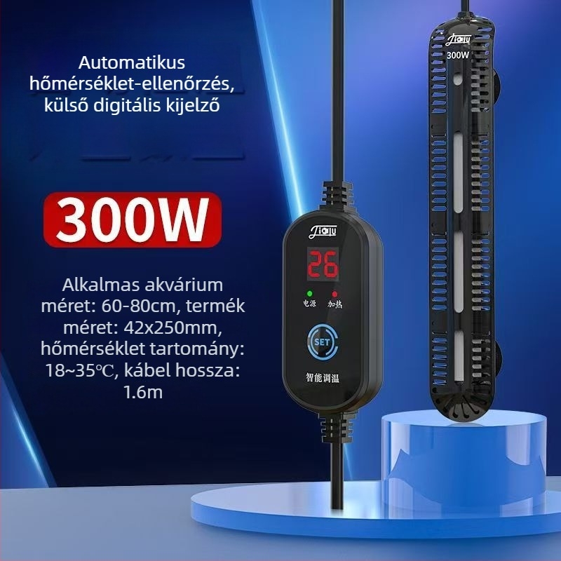 Akváriumi fűtőkar digitális kijelzővel, kvarc fűtőelem, automatikus hőmérséklet-szabályozás, robusztus kivitel, védőburkolat