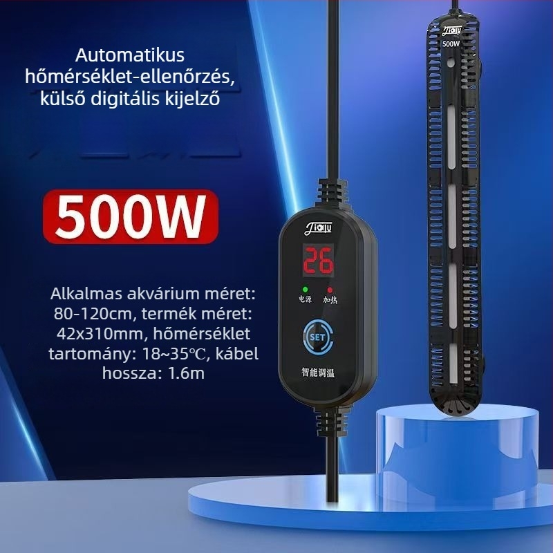 Akváriumi fűtőkar digitális kijelzővel, kvarc fűtőelem, automatikus hőmérséklet-szabályozás, robusztus kivitel, védőburkolat