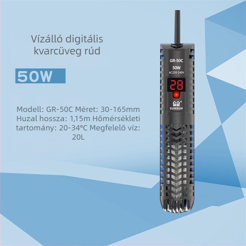 Akváriumi fűtőkar digitális kijelzővel, kvarc fűtőelem, automatikus hőmérséklet-szabályozás, robusztus kivitel, védőburkolat