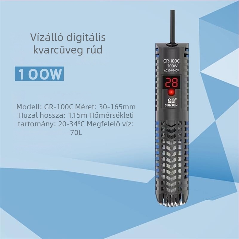 Akváriumi fűtőkar digitális kijelzővel, kvarc fűtőelem, automatikus hőmérséklet-szabályozás, robusztus kivitel, védőburkolat