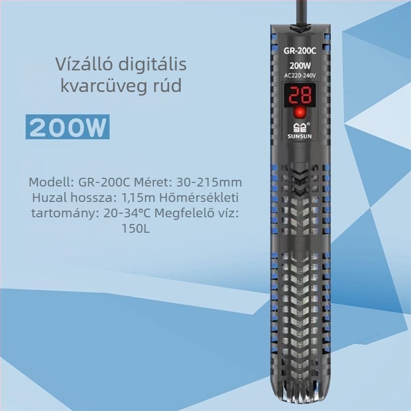 Akváriumi fűtőkar digitális kijelzővel, kvarc fűtőelem, automatikus hőmérséklet-szabályozás, robusztus kivitel, védőburkolat