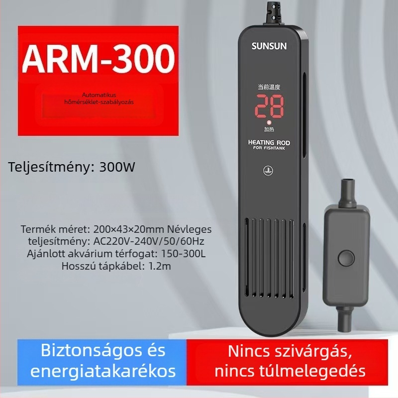 Akváriumi fűtőkar digitális kijelzővel, kvarc fűtőelem, automatikus hőmérséklet-szabályozás, robusztus kivitel, védőburkolat