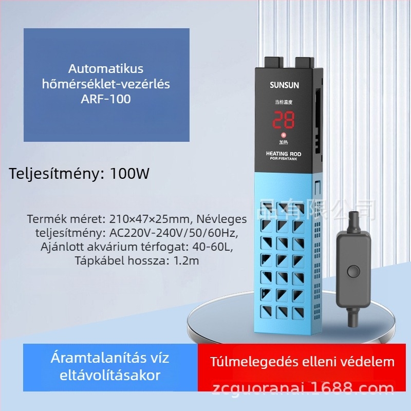 Akváriumi fűtőkar digitális kijelzővel, kvarc fűtőelem, automatikus hőmérséklet-szabályozás, robusztus kivitel, védőburkolat