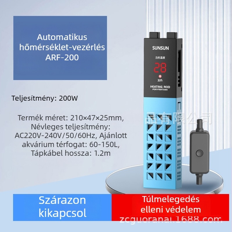 Akváriumi fűtőkar digitális kijelzővel, kvarc fűtőelem, automatikus hőmérséklet-szabályozás, robusztus kivitel, védőburkolat