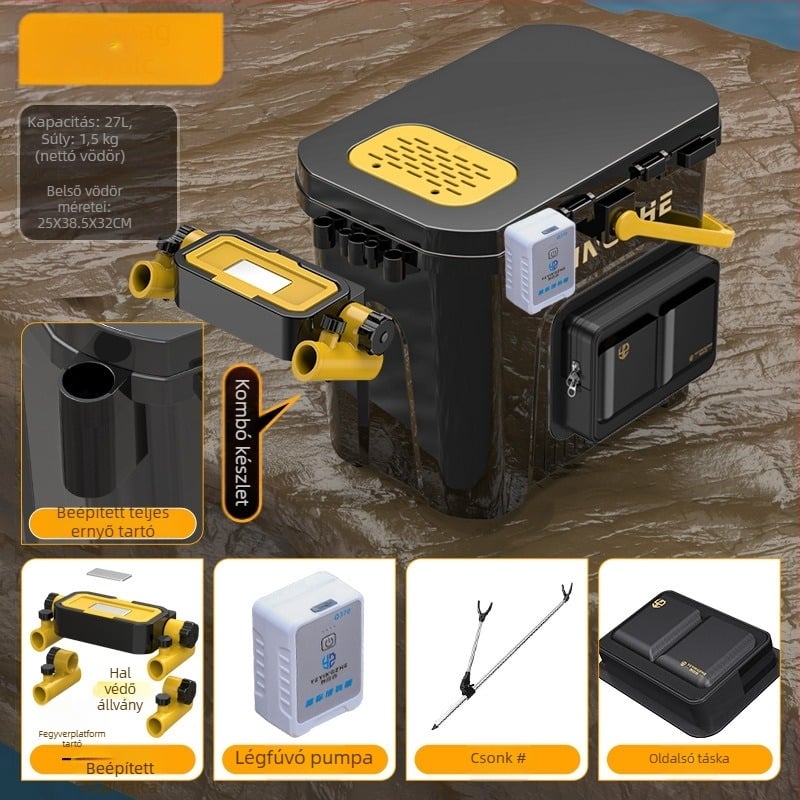 Hordozható horgászvödör ülő egyrétegű dobozzal, műanyag, kapacitás alatt 9, multifunkcionális horgászkészlet