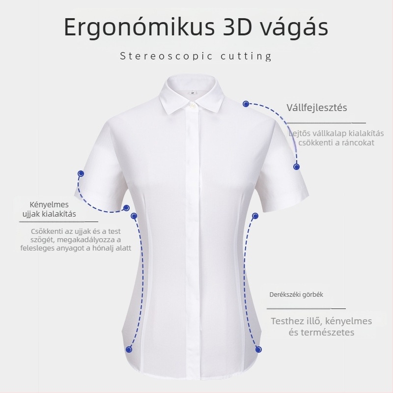 Női rövid ujjú pamut ing, vasalásmentes, karcsúsított szabás, csíkos/kockás minta