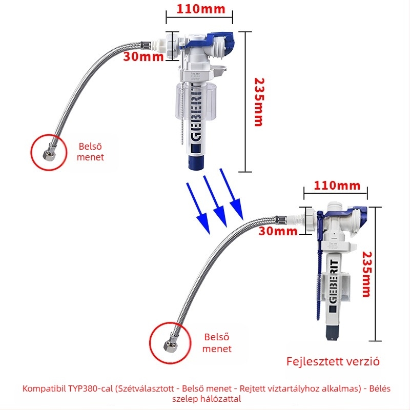 Geberit-kompatibilis WC-tartály öblítőgomb és ürítő szelep, Typ260 vízbevezető szelepkapcsoló Typ380
