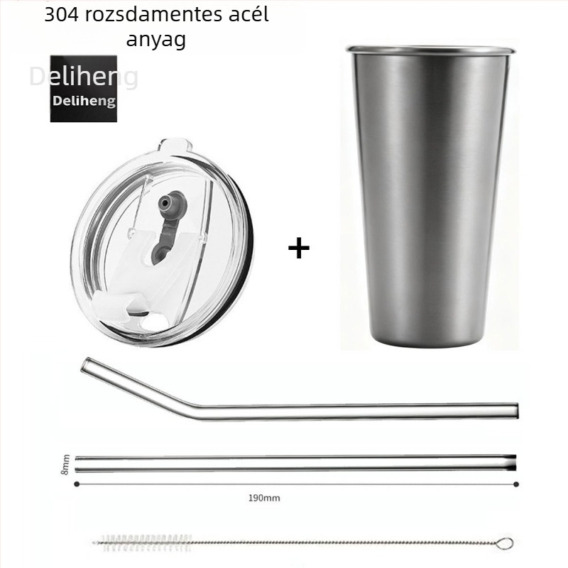 Elephant Star 304 rozsdamentes acélból készült, újrahasználható pohár szívószálas fedéllel, nem szivárgásbiztos