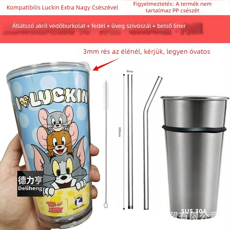 Elephant Star 304 rozsdamentes acélból készült, újrahasználható pohár szívószálas fedéllel, nem szivárgásbiztos