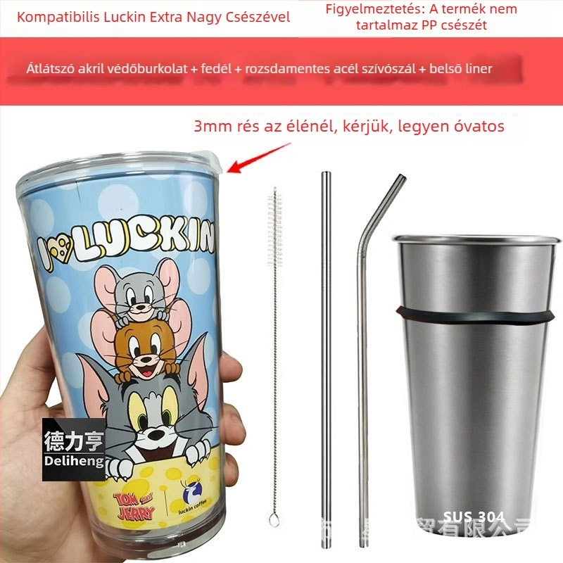 Elephant Star 304 rozsdamentes acélból készült, újrahasználható pohár szívószálas fedéllel, nem szivárgásbiztos