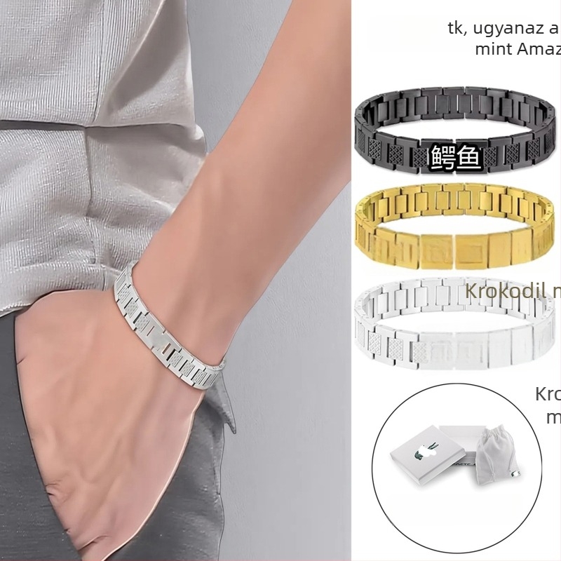 Rozsdamentes acél krokodil karkötő, fényes felület, uniszex geometriai kialakítású, kézhez tartozó ékszer, sokoldalú