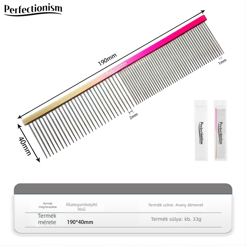 Háziállatok gondozására szolgáló fésű kutyáknak és macskáknak – repülőgépminőségű alumínium nyél, rozsdamentes acél tüskék, modell 2032-74, általános használat