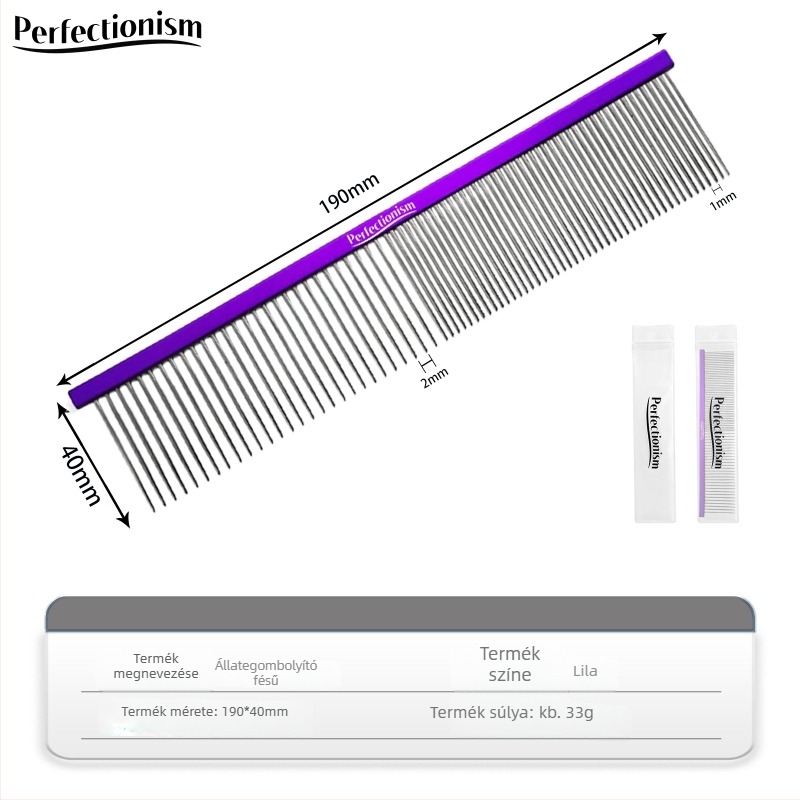Háziállatok gondozására szolgáló fésű kutyáknak és macskáknak – repülőgépminőségű alumínium nyél, rozsdamentes acél tüskék, modell 2032-74, általános használat