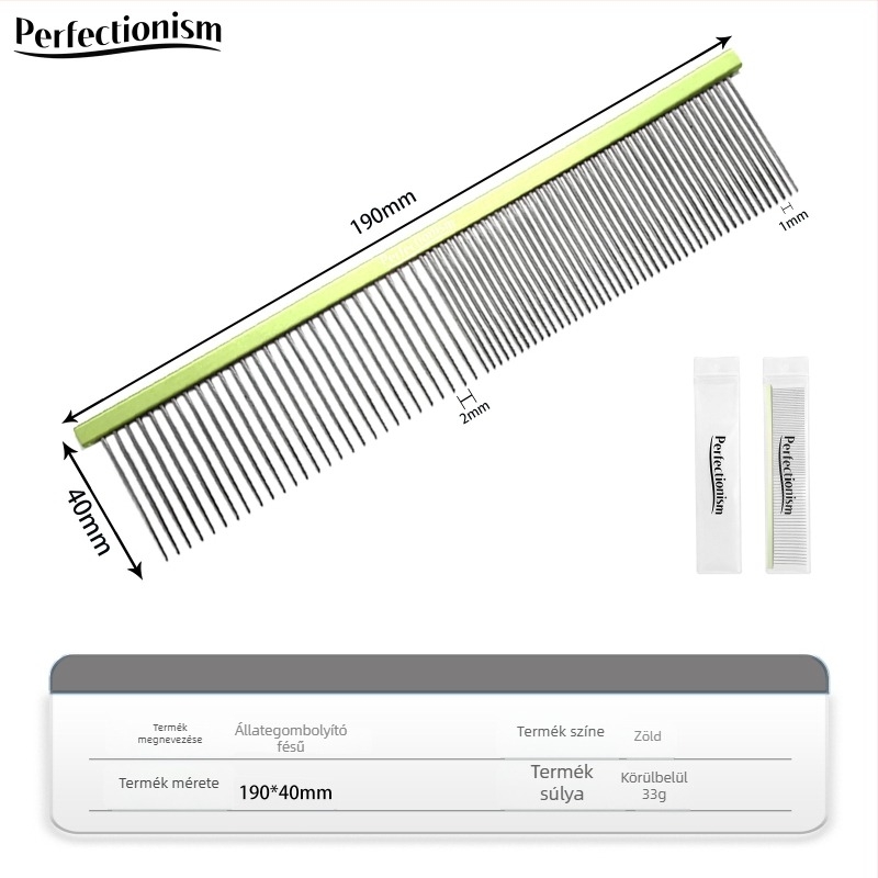 Háziállatok gondozására szolgáló fésű kutyáknak és macskáknak – repülőgépminőségű alumínium nyél, rozsdamentes acél tüskék, modell 2032-74, általános használat