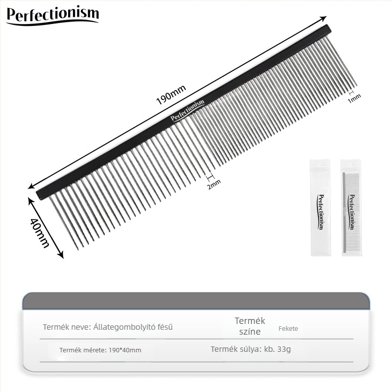 Háziállatok gondozására szolgáló fésű kutyáknak és macskáknak – repülőgépminőségű alumínium nyél, rozsdamentes acél tüskék, modell 2032-74, általános használat