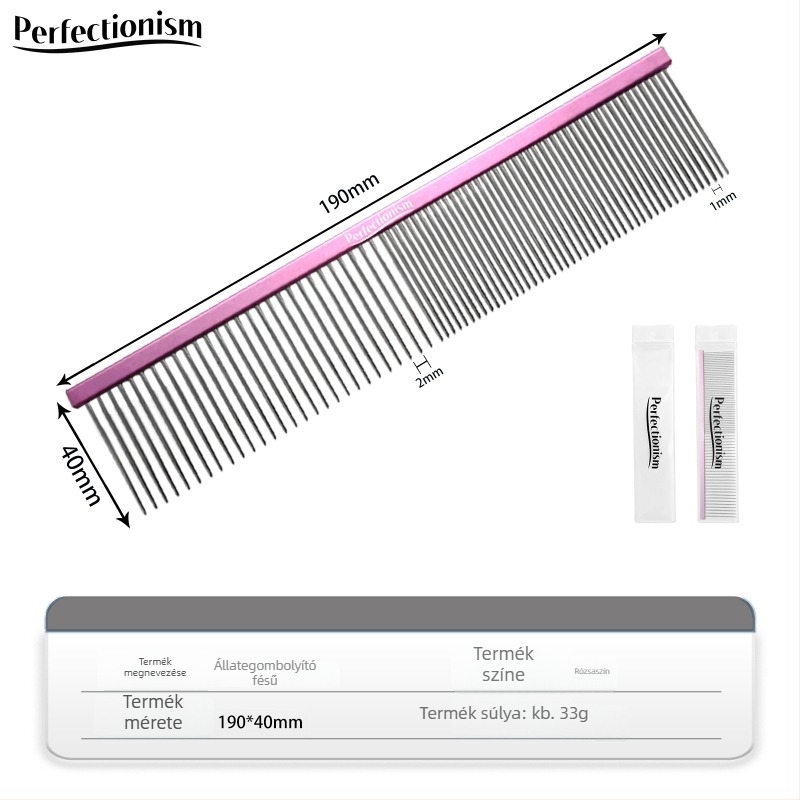 Háziállatok gondozására szolgáló fésű kutyáknak és macskáknak – repülőgépminőségű alumínium nyél, rozsdamentes acél tüskék, modell 2032-74, általános használat