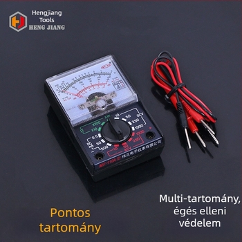 MF110 hordozható analóg multiméter – otthoni használatra, diákoknak és szakembereknek; magas biztonsági szint; tartozékok: mérőzsinórok