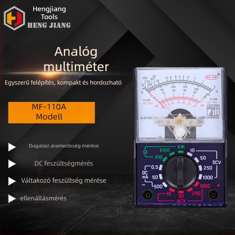 MF110 hordozható analóg multiméter – otthoni használatra, diákoknak és szakembereknek; magas biztonsági szint; tartozékok: mérőzsinórok